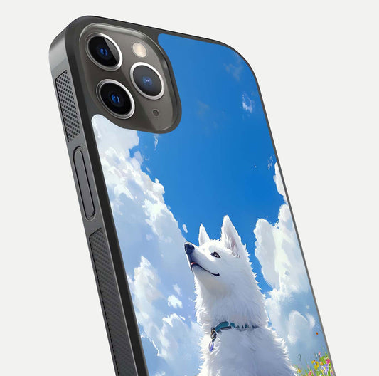 Blissful Cloud Pup Glass Case for iPhone 13 Pro close-up image highlighting puppy details and glossy reflection