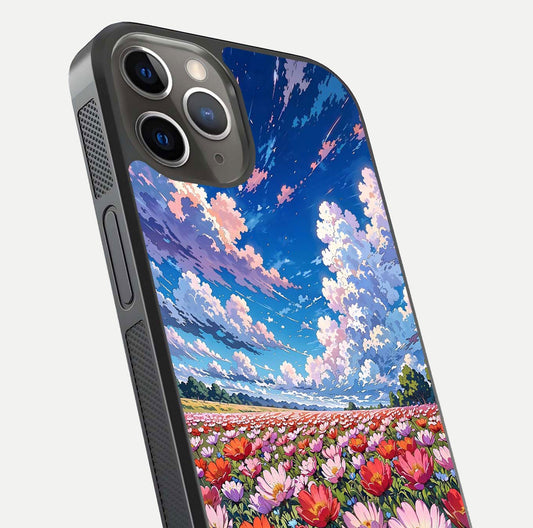 Blossom Sky Field Glass Case for iPhone 13 Pro close-up image showing petal patterns and subtle sky gradient