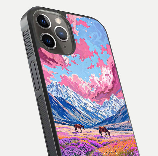 Blossom Valley Dream Glass Case for iPhone 13 Pro close-up view showing detailed flower print and pastel hues