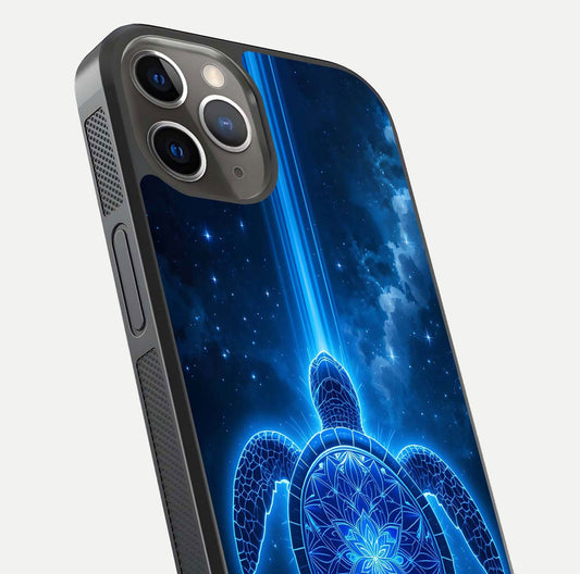 Blue Galaxy Turtle Glass Case for iPhone 13 Pro close-up image showing turtle shell detail and glowing galaxy tones