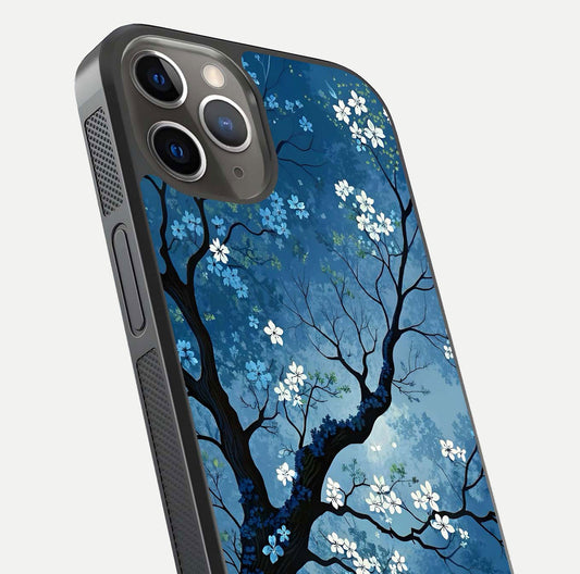 Blue Tree Serenity Glass Case for iPhone 13 Pro close-up view highlighting tree branches and reflection gloss