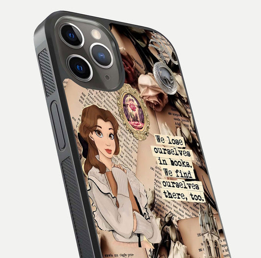 Bookish Dream World Glass Case for iPhone 13 Pro close-up shot highlighting book elements and reflection gloss