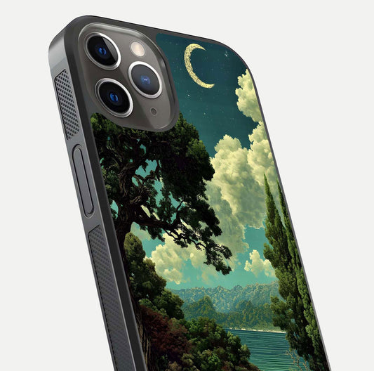 Celestial Lake Peace Glass Case for iPhone 13 Pro close-up highlighting moon reflection and glossy texture