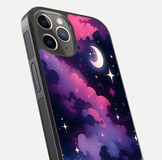 Celestial Moon Magic Glass Case for iPhone 13 Pro close-up view highlighting moon crater detail and glass shine