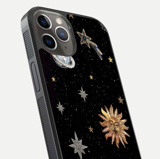 Celestial Moon With Stars Glass Case for iPhone 13 Pro close-up showing cosmic reflection and HD shine