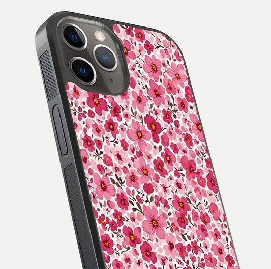 Cherry Blossom Charm Glass Case for iPhone 13 Pro close-up highlighting petal gradient and reflection shine