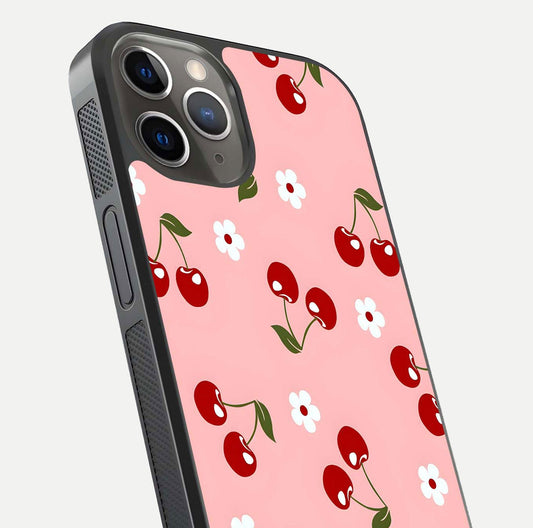 Cherry Love Mood Glass Case for iPhone 13 Pro close-up highlighting cherry heart pattern and reflection shine