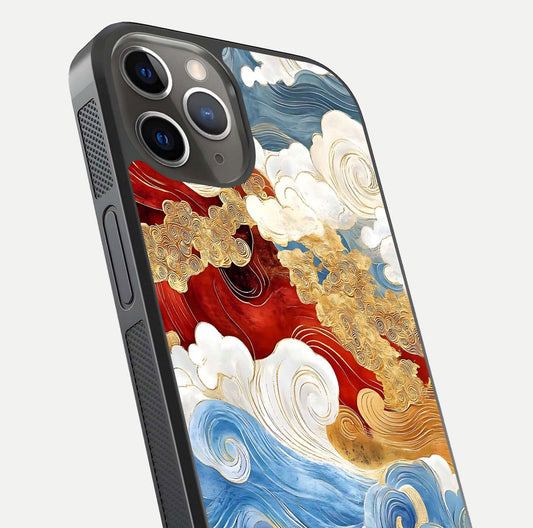 Colored Waves Glass Case for iPhone 13 Pro close-up angled shot highlighting gradient flow and light reflection