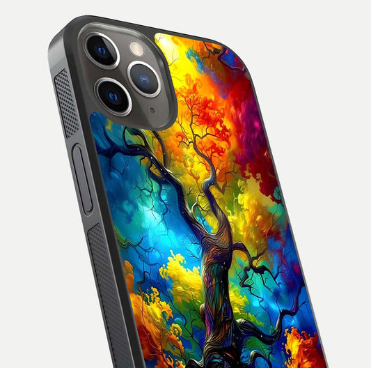 Colorful Tree Glass Case for iPhone 13 Pro close-up highlighting leaf detail, gradient colors, and shine