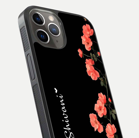Crimson Bloom Grace Custom Name Glass Case for iPhone 13 Pro close-up highlighting flower pattern and reflection texture