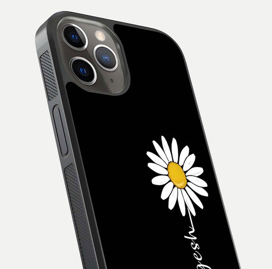 Custom Name White Flower Glass Case for iPhone 13 Pro close-up highlighting petals, name print, and reflection polish