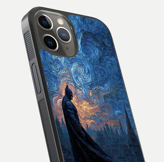 Dark Knight Dusk Glass Case for iPhone 13 Pro close-up highlighting dark suit texture and reflection detail