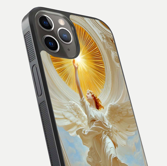 Divine Light Angel Glass Case for iPhone 13 Pro close-up highlighting light rays and glass reflection