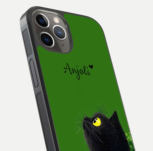Emerald Cat Custom Name Glass Case for iPhone 13 Pro close-up highlighting feline detail, emerald hues, and reflection polish