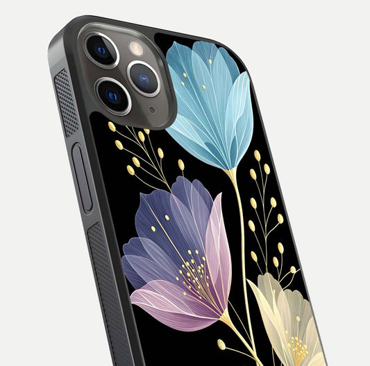 Flower Bloom Glow Glass Case for iPhone 13 Pro close-up highlighting bloom detail and reflection polish