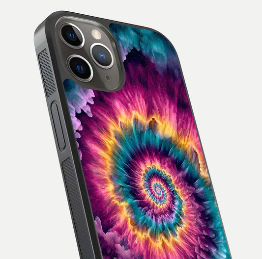 Galactic Spiral Burst Glass Case for iPhone 13 Pro close-up angled shot showing spiral burst detail, neon tones, and glossy reflection