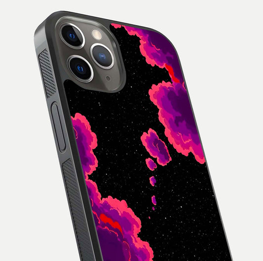 Galaxy Dream Frame Glass Case for iPhone 13 Pro close-up angled shot showing nebula patterns and reflection glow