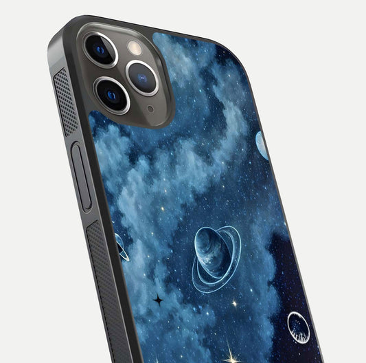 Galaxy Dream Space Glass Case for iPhone 13 Pro close-up angled shot highlighting nebula details and reflection shine