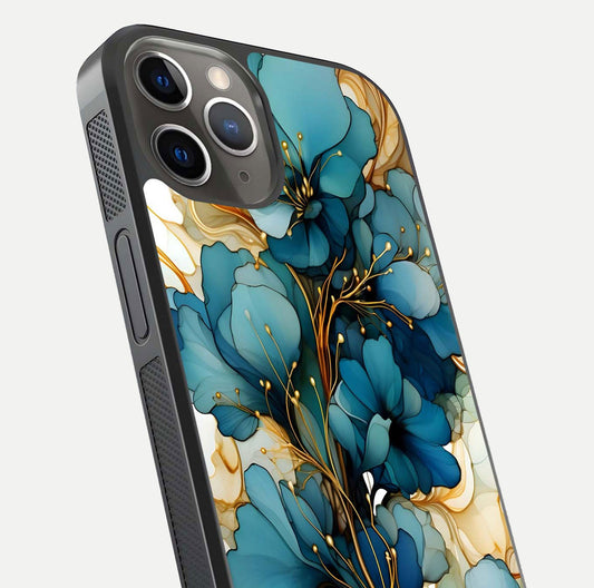 Golden Bloom Symphony Glass Case for iPhone 13 Pro close-up angled shot showing detailed petals and metallic gold reflection