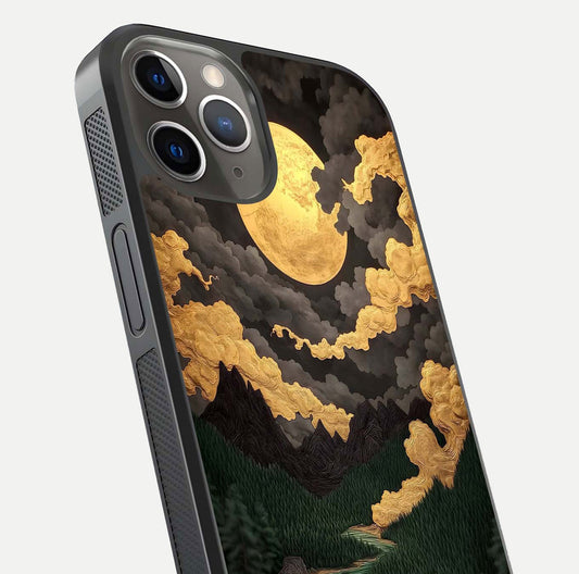 Golden River Moon Glass Case for iPhone 13 Pro close-up angled shot showing moon reflection and water shine