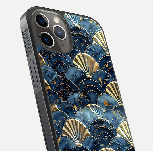 Golden Wave Luxe Glass Case for iPhone 13 Pro close-up angled shot showing flowing wave texture and reflection brightness