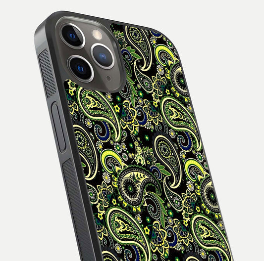 Green Mandala Pattern Glass Case for iPhone 13 Pro close-up angled shot showing fine detailing and gold-green reflection