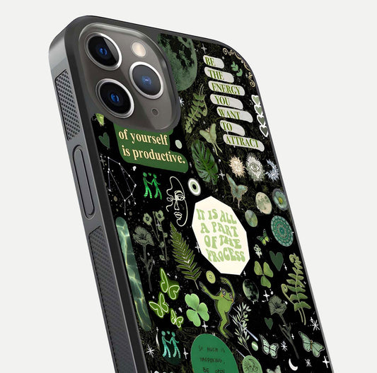 Green Moon Energy Glass Case for iPhone 13 Pro close-up angled shot showing glowing lunar detail and reflection shine