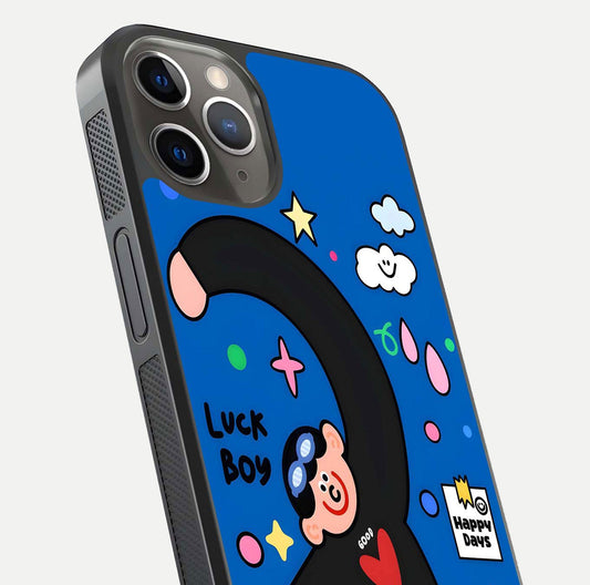 Happy Luck Vibe Glass Case for iPhone 13 Pro close-up angled shot showing color details and reflection shine