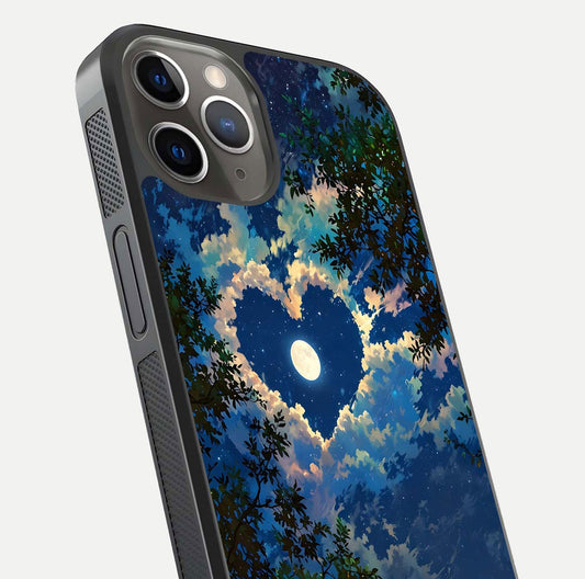 Heart with Moon Sky Glass Case for iPhone 13 Pro close-up angled shot showing lunar reflection and shine detail