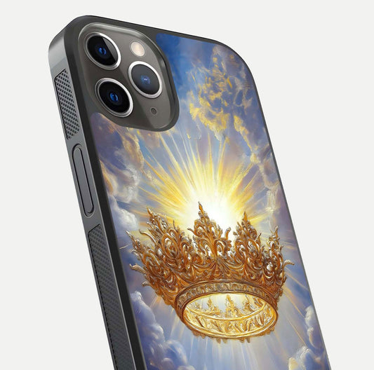 Heavenly Crown Light Glass Case for iPhone 13 Pro close-up angled shot showing glowing halo details and smooth reflection