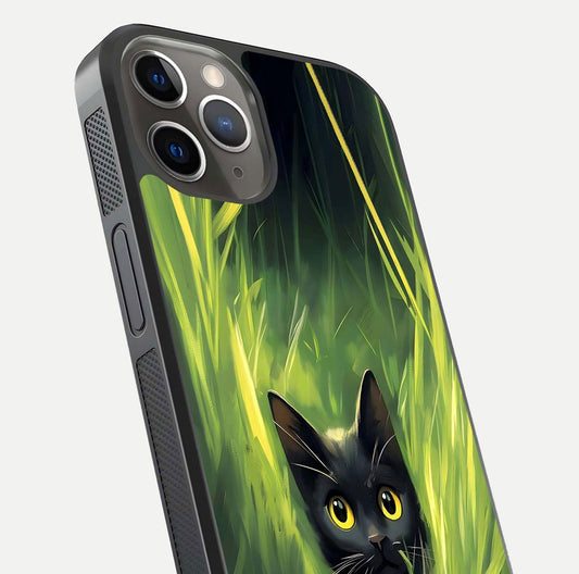 Hidden Cat Whisper Glass Case for iPhone 13 Pro close-up angled shot showing feline details and reflection polish