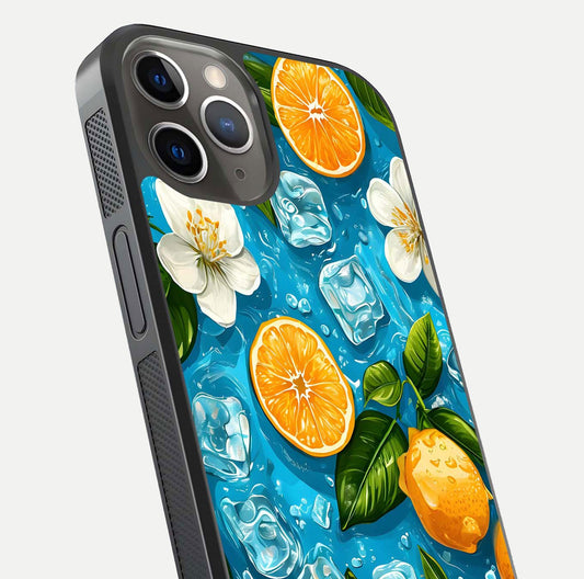 Ice Cube With Orange Glass Case for iPhone 13 Pro close-up angled shot showing orange slices and ice reflections