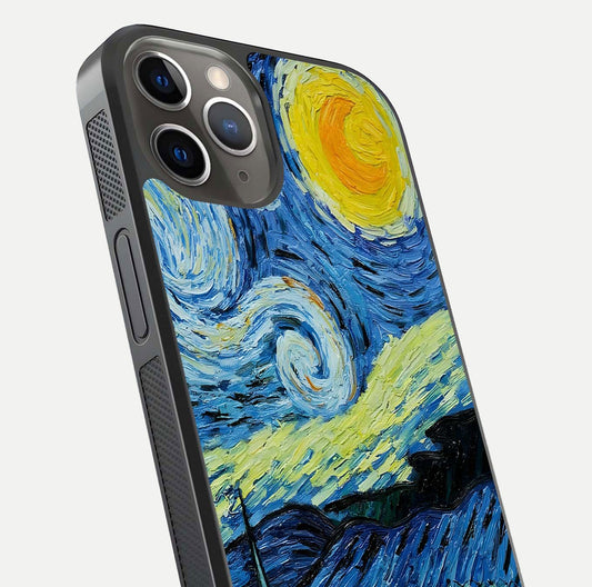 Inspired Van Gogh Art Glass Case for iPhone 13 Pro close-up angled shot showing brushstroke texture and shine detail