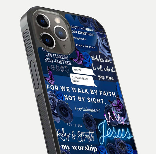 Kingdom Faith Glow Glass Case for iPhone 13 Pro close-up angled shot showing luminous text and divine reflection