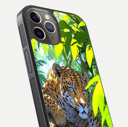 Leopard in Jungle Glass Case for iPhone 13 Pro angled close-up showing fur texture and glossy shine reflection