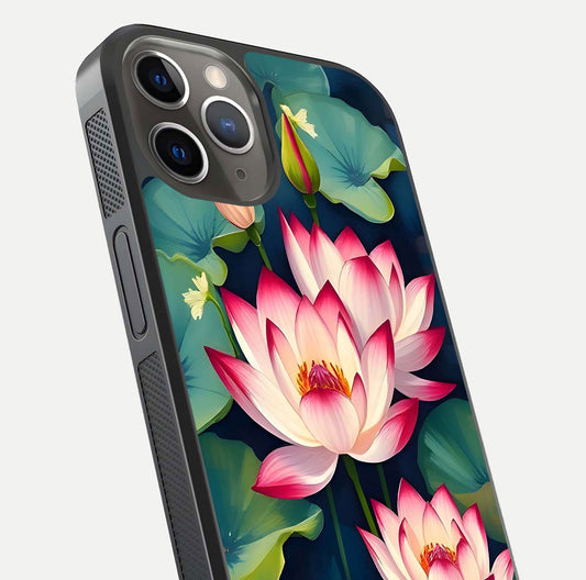 Lotus Dream Serenity Glass Case for iPhone 13 Pro close-up angled shot showing floral details and soft shine