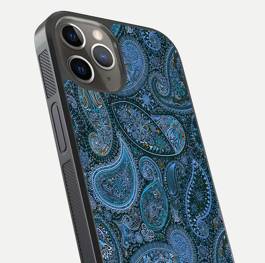 Midnight Paisley Glow Glass Case for iPhone 13 Pro close-up angled shot showing floral details and gloss texture