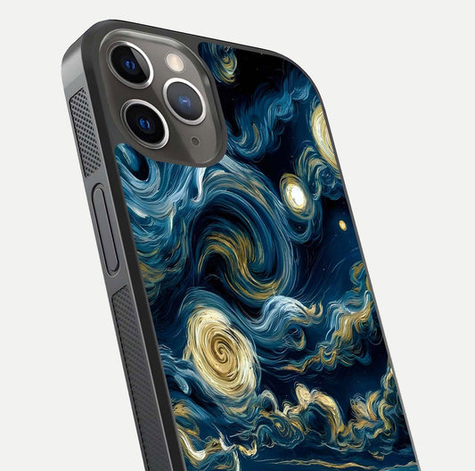 Midnight Sky Whirl Glass Case for iPhone 13 Pro close-up angle showing spiral design and HD gloss reflection