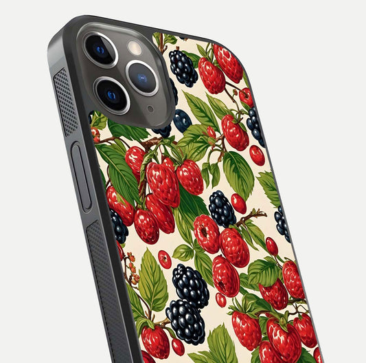Mixed Berry Collage Glass Case for iPhone 13 Pro close-up angled shot showing fruit detail and reflection glow