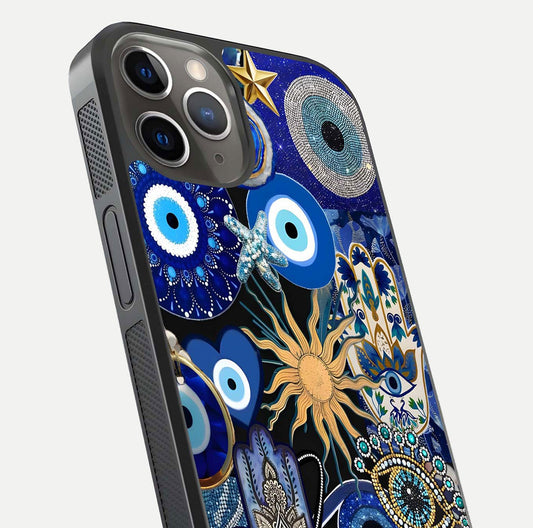 Mystic Blue Evil Eye Glass Case for iPhone 13 Pro close-up angled shot highlighting mystical glow and HD reflection
