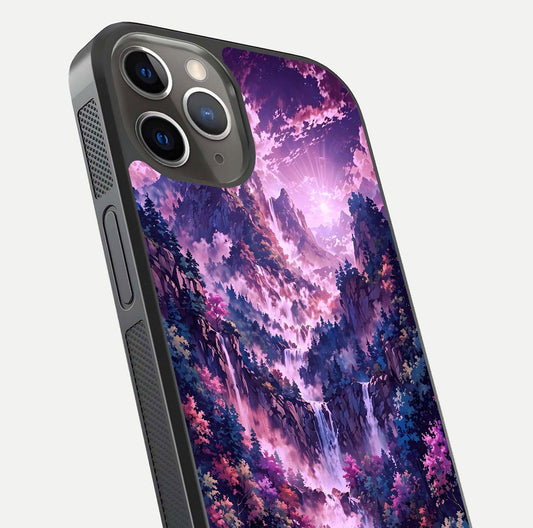 Mystic Cascade Peaks Glass Case for iPhone 13 Pro close-up angled shot showing peak reflections and color gradient