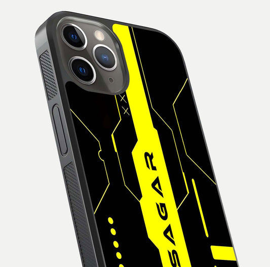 Neon CYBERPUNK Custom Name Glass Case for iPhone 13 Pro close-up angled shot highlighting electric colors and reflection