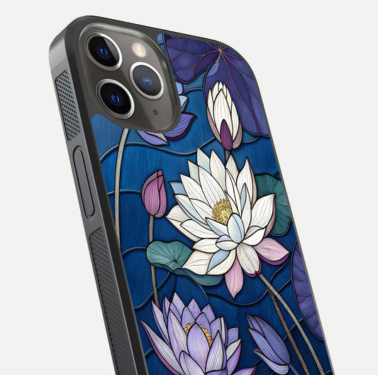 Purple Lotus Stained Glass Case for iPhone 13 Pro close-up angled shot highlighting glass pattern and reflection