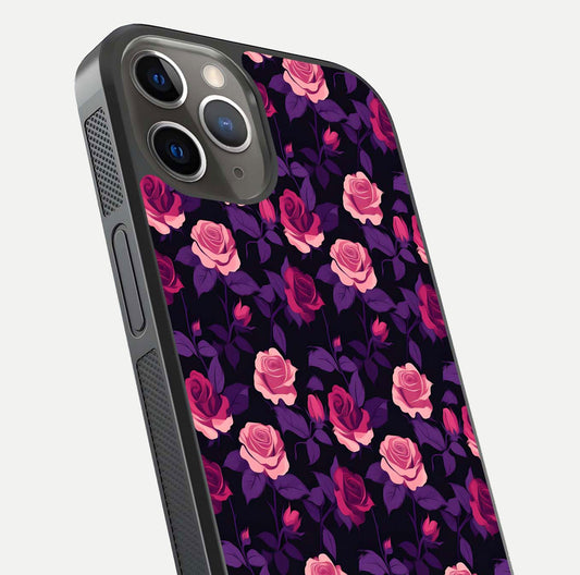 Rose Garden Twilight Glass Case for iPhone 13 Pro close-up angled shot highlighting rose contrast and reflection