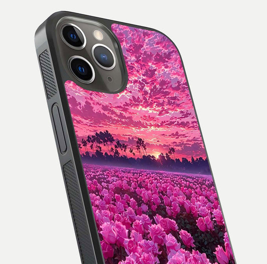 Rose Sunset Valley Glass Case for iPhone 13 Pro close-up angled shot showing rose detailing and golden hues