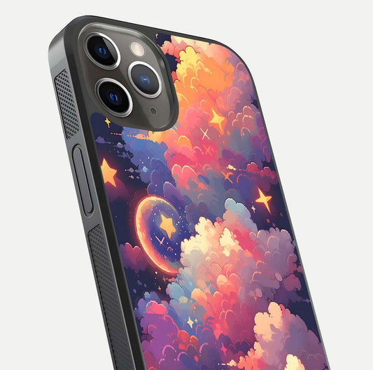 Starlit Dream Clouds Glass Case for iPhone 13 Pro close-up angled shot highlighting cloud texture and reflection