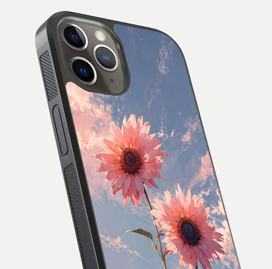 Sunlit Daisy Glow Glass Case for iPhone 13 Pro close-up angled shot highlighting petal texture and reflection