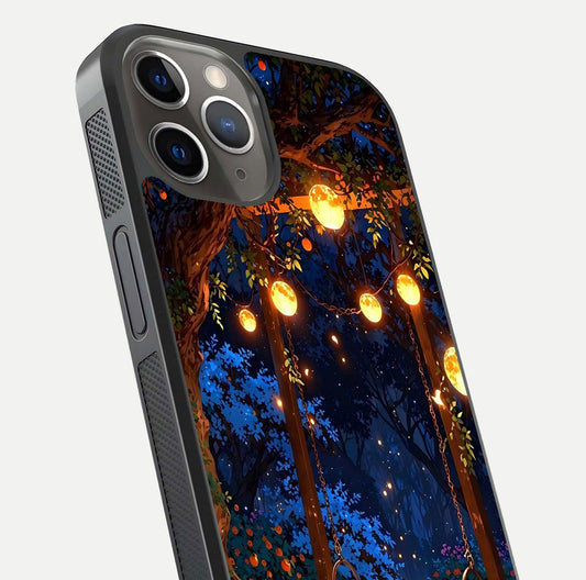 Twilight Garden Swing Glass Case for iPhone 13 Pro close-up angled shot highlighting floral tones and reflection
