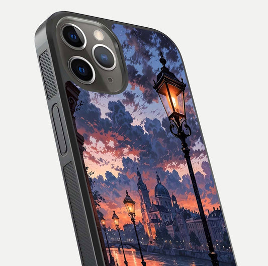 Twilight River Lights Glass Case for iPhone 13 Pro close-up angled shot highlighting river reflections and color tones