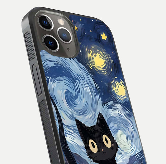 Van Gogh Cat Glass Case for iPhone 13 Pro close-up angled shot highlighting brushstroke texture and reflection